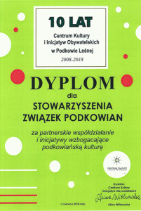 10 lat CKiIO - dyplom-podziekowania dla Związku Podkowian
